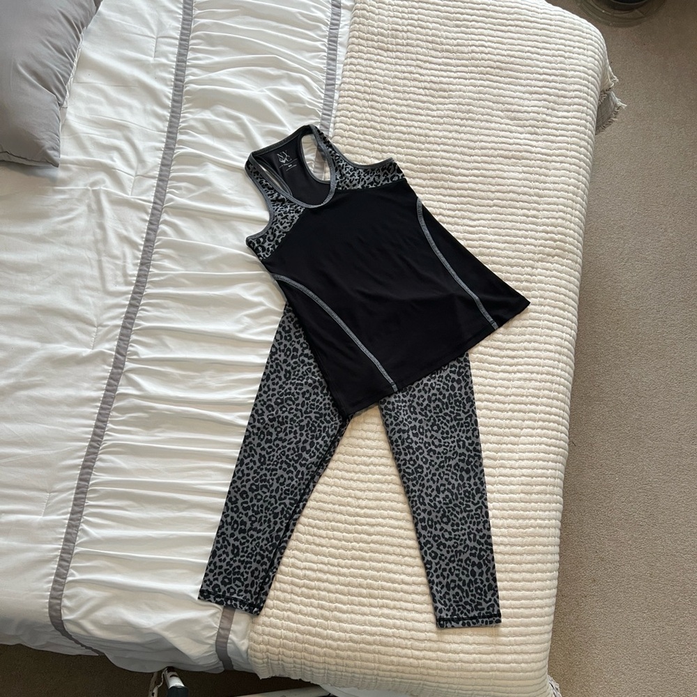 New York & Company Black and Gray Leopard Workout Set